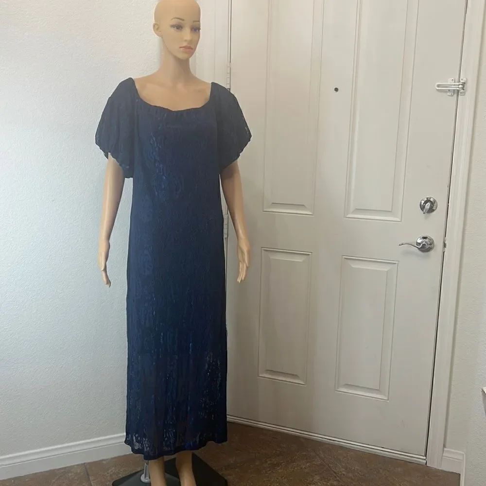 Shein Dress Sz 3X On Or Off Shoulder Short Sleeve Navy Blue Floral Lace Lined